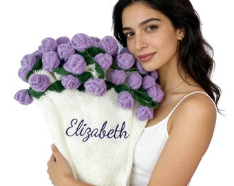 Personalized Crochet Rose Bouquet Blanket: Embroidered Name, Gift for Valentine’s Day Mother's Day
