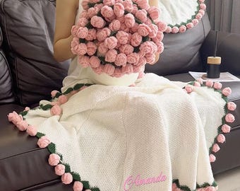 かぎ針編みの花束ブランケット、かぎ針編みの赤いバラの花束、白い