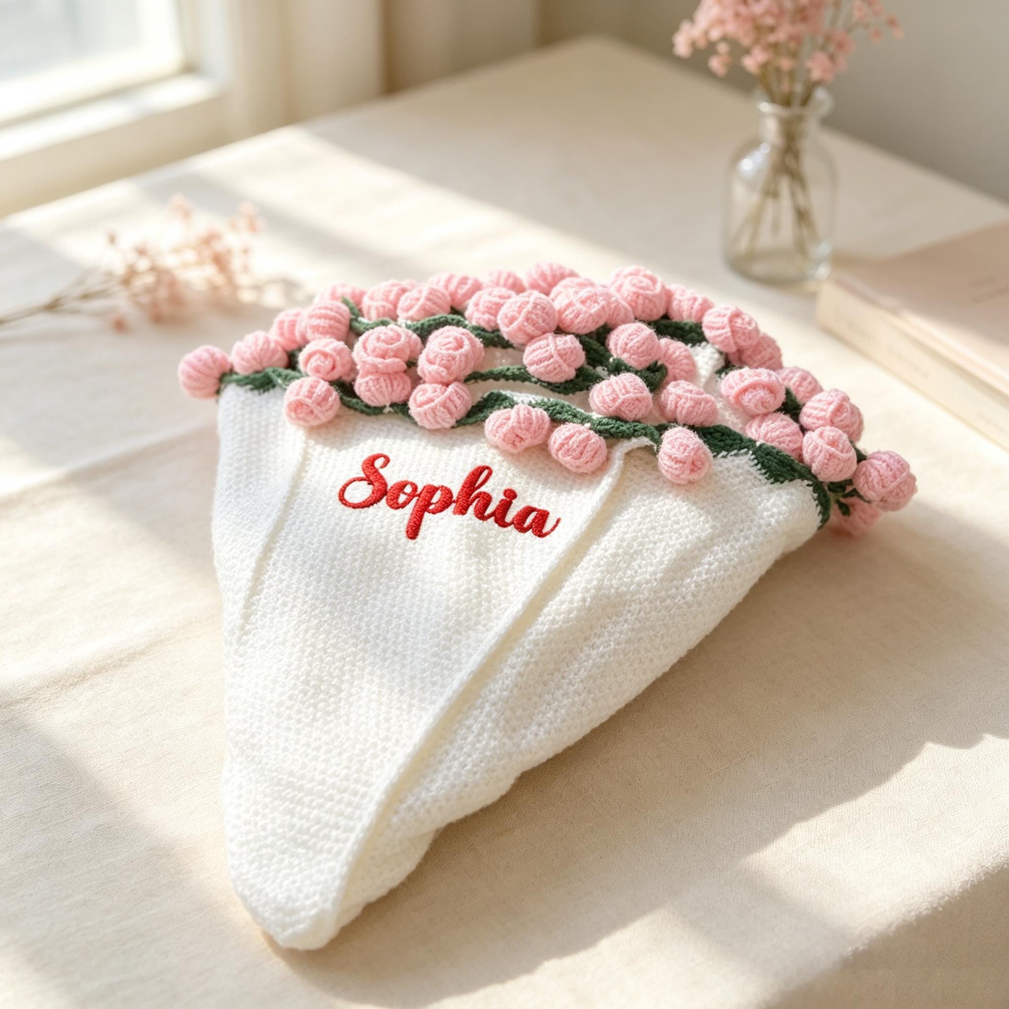 パーソナライズされたかぎ針編みのバラの花束ブランケット：名前刺繍