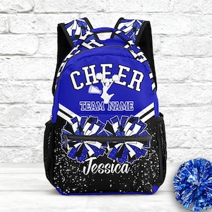 May include: Blue and black backpack with the word "CHEER" in white, a cheerleader graphic, and the text "TEAM NAME". The bottom of the backpack has the name "Jessica" and pom-pom graphics. A blue pom-pom is on the right.