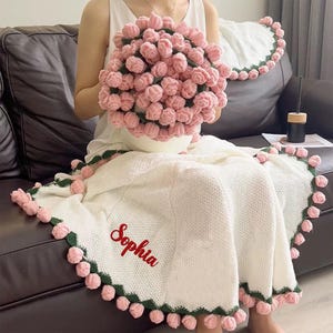 Personalized Crochet Rose Bouquet Blanket: Flower Blankets Embroidered Name, Cotton Throw Gift for Her