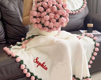 Personalized Crochet Rose Bouquet Blanket: Flower Blankets Embroidered Name, Cotton Throw Gift for Her
