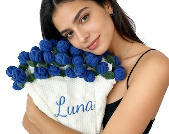 Personalized Crochet Rose Bouquet Blanket: Embroidered Name, Crocheted Flower Blanket Throw Blue