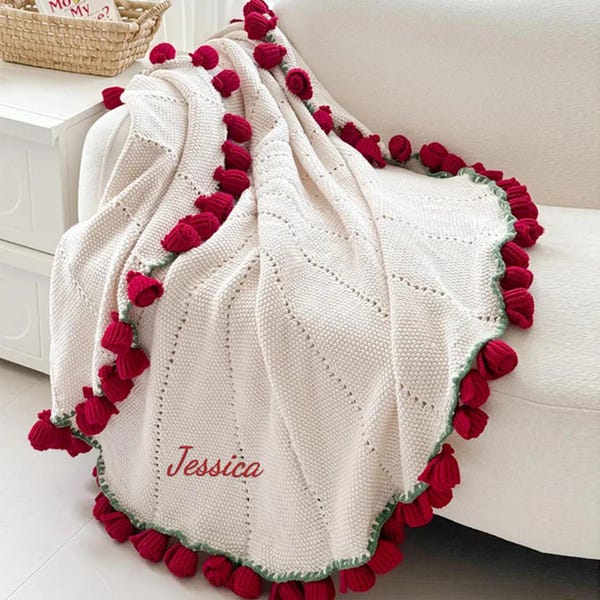 Personalized Crochet Rose Bouquet Blanket: Sunflower Bouquet Blankets Embroidered Name, Cotton Throw Gift For Her