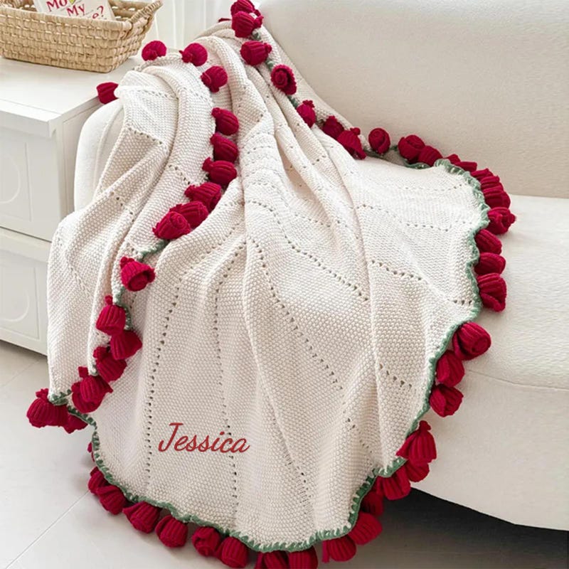 Personalized Crochet Rose Bouquet Blanket: Embroidered Name, Cotton Throw