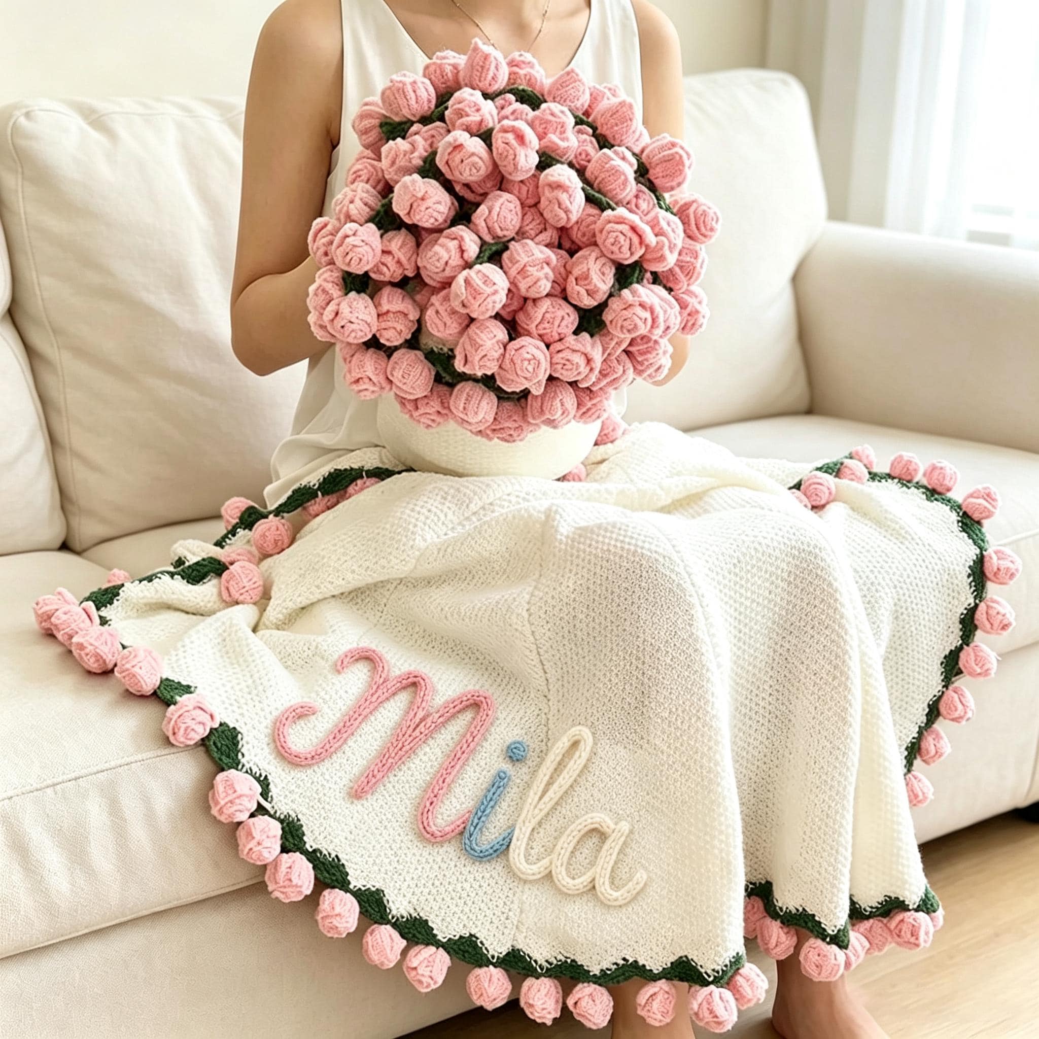 パーソナライズされたかぎ針編みのバラの花束ブランケット：名前刺繍