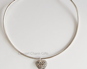 Heart Charm Silver Choker Necklace, Silver Choker necklace,Sterling silver collar necklace, Heart Charm Necklace, Silver Heart necklace