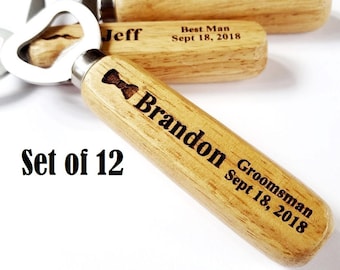 Personalized Groomsmen Gift Set of 12 Bottle Openers Engraved Wood Wedding Groomsman Best Man Usher Custom Beer Bottle Opener Set of Twelve