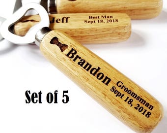 Personalized Groomsmen Gift Set of 5 Bottle Openers Engraved Wood Wedding Groomsman Best Man Usher Custom Beer Bottle Opener Set of Five