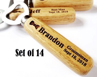 Personalized Groomsmen Gift Set of 14 Bottle Openers Engraved Wood Wedding Groomsman Best Man Usher Beer Bottle Opener Set of Fourteen