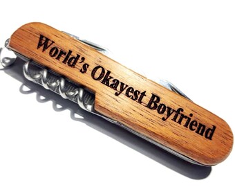 Worlds Okayest Boyfriend Engraved Pocket Knife Personalized Present Birthday Valentines Christmas Funny Gift for Boy Friend Stocking Stuffer