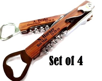 Groomsmen Gift Set of 4 Engraved Bottle Opener Personalized Corkscrew Wood Wine Key Wedding Party Bridesmaid Usher Present Groomsman Knife