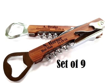 Groomsmen Gift Corkscrews Set of 9 Personalized Corkscrews Bottle Openers Engraved Corkscrew Monogrammed Wine Key Wedding Party Bridesmaid