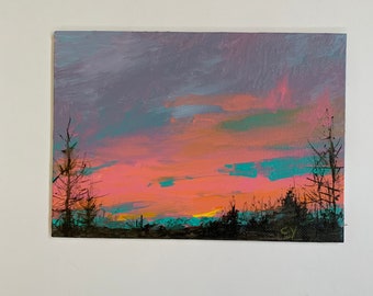 Sunset painting, Canvas panel, Landscape painting, Sky painting, Tree painting, Original artwork