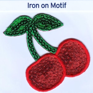 SEQUIN RED CHERRIES Iron On Applique Motif Patch, Brand New
