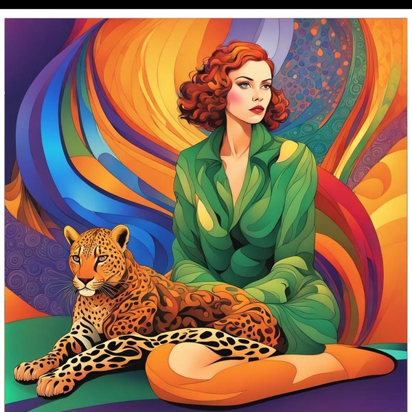 Art Print Picture Panel Digital Art Print Going Green Leopard Girl Modern Square Picture Panel Retro Art Deco
