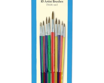 May include: A package of 10 multi-use artist paint brushes. The brushes are arranged in a row and have colorful handles. The package is labeled "10 Artist Brushes (Multi-use)".
