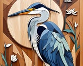 Heron Bird Intarsia Pattern: Wood Marquetry Wall Art (Digital Download)