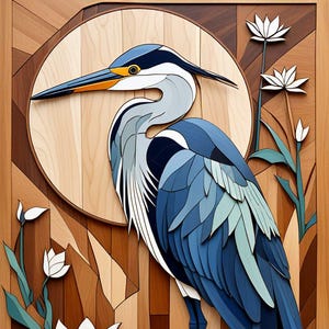 May include: A blue and gray heron with a long beak stands on a wooden platform with a white water lily in the foreground. The heron is surrounded by a wooden background with a circular pattern.