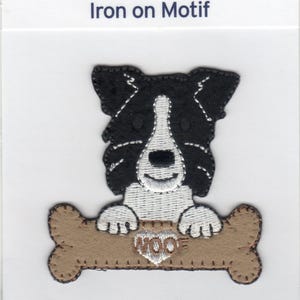 Border Collie DOG WITH BONE Iron On Applique Motif Patch, Brand New