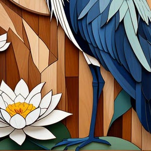 May include: A close-up of a wooden art piece depicting a blue heron standing in a marsh. The heron is made of wood and painted blue, with white accents. The marsh is made of wood and painted green, with white water lilies.