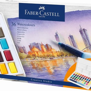 May include: A Faber-Castell watercolor paint set with 36 colors. The box features a cityscape painting and a watercolor brush. The set includes a palette of vibrant colors, perfect for artists and creative projects. The box is white with the Faber-Castell logo.