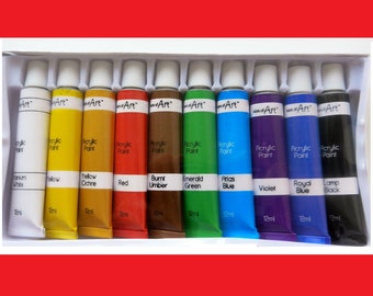 ACRYLIC PAINT SET 10 x 12ml Tubes by Work of Art, Brand New