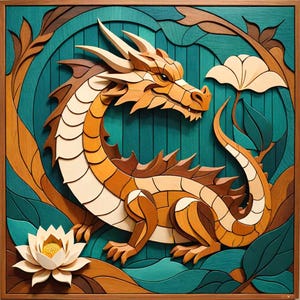 May include: A wooden wall art piece featuring a dragon design. The dragon is crafted from various shades of wood, including brown, tan, and cream, set against a teal background. The artwork includes floral elements and is framed in a wooden border.