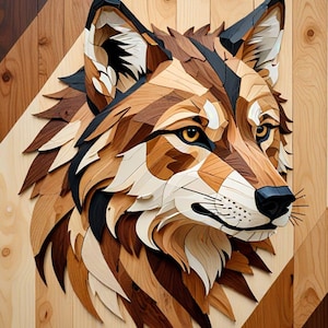 May include: A wooden wolf sculpture made of various wood types. The wolf's head is facing forward with its mouth slightly open. The sculpture is made of different shades of brown, black, and white wood.