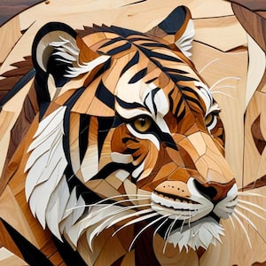 May include: A close-up of a tiger's face made of wood. The tiger is made of different types of wood, creating a mosaic effect. The tiger's fur is a mix of brown, black, and white.