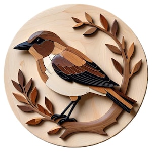 Bird on a Branch Intarsia Pattern for Wood, Marquetry, home decor wall art Printable Digital Download No 11