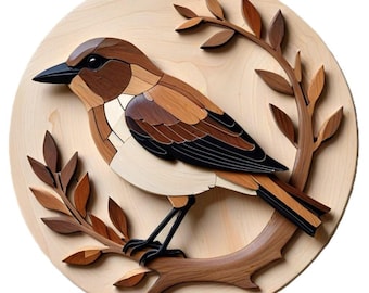 Patrón de pájaro en rama: Arte mural de marquetería de madera (Descarga digital)