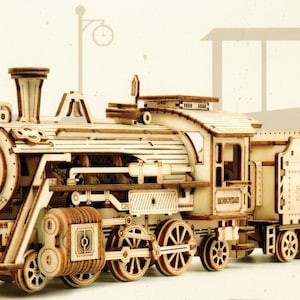 May include: A wooden model of a vintage steam locomotive with intricate details, including a working piston and wheels. The model is made of natural wood and has a rustic, antique aesthetic.