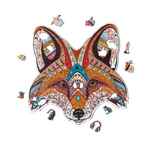 WOODEN JIGSAW PUZZLE Fox Totem Shaped Puzzle, Whimsy Pieces, Irregular Shapes, Animal Face, New Wizardi image 2