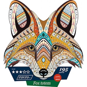 WOODEN JIGSAW PUZZLE Fox Totem Shaped Puzzle, Whimsy Pieces, Irregular Shapes, Animal Face, New Wizardi image 1