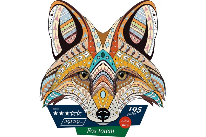 WOODEN JIGSAW PUZZLE Fox Totem Shaped Puzzle, Whimsy Pieces, Irregular Shapes, Animal Face, New Wizardi image 1