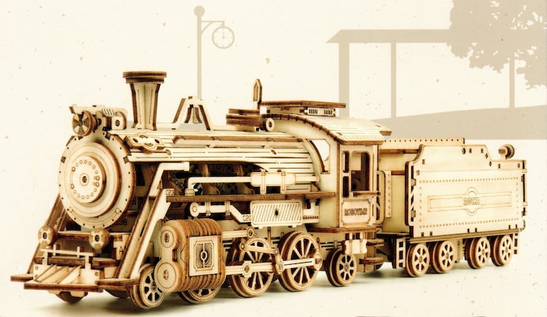 May include: A wooden model of a vintage steam locomotive with intricate details, including wheels, gears, and a smokestack. The model is made of natural wood and has a rustic, antique aesthetic.