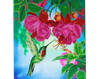 DIAMOND PAINTING KIT Hummingbird Floral Crystal Art 20 x 16 ins with Wooden Frame Partial Drill