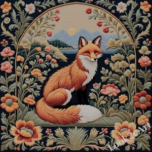 May include: A square tapestry featuring a central orange and white fox sitting amidst a garden of pink, orange, and yellow flowers. The scene is framed by an arched border against a dark background, with mountains and a sun visible in the distance.