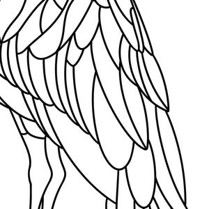 May include: Line art drawing of a bird with detailed feathers and long legs. The bird is facing to the right and is standing on its legs.