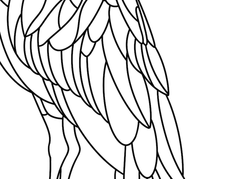 May include: Line art drawing of a bird with detailed feathers and long legs. The bird is facing to the right and is standing on its legs.