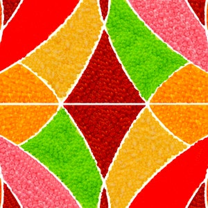 May include: Abstract geometric pattern with a mosaic design. The design features a repeating pattern of diamond and curved shapes in various colours, including red, orange, yellow, green, and pink, separated by white lines.
