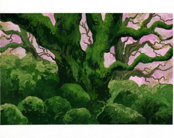 ORIGINAL PAINTING Green Oak Tree Forest Landscape Nature Illustration Gouache Greenery Small Wall Art Picture