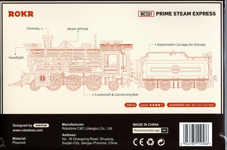 May include: A detailed line drawing of a wooden model steam train kit, labeled 'MC501 PRIME STEAM EXPRESS'. The kit includes 308 pieces and is recommended for ages 14 and up. The assembled size is 307 x 67 x 82 mm. The image shows the train's various parts, including the chimney, steam whistle, headlight, crankshaft, and connecting rod. The train is designed by Robotime and made in China.