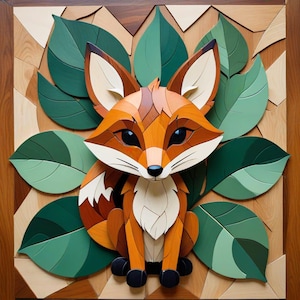 May include: A wooden fox art piece with a detailed design. The fox is primarily orange, brown, and white, with large black eyes and a white chest. It is surrounded by green leaves and set against a wooden background.