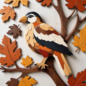 Bird on a Branch Intarsia Pattern for Wood, Marquetry, Diamond Painting home decor wall art Printable Digital Download