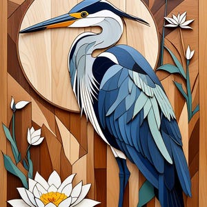 May include: A blue and gray heron with a long beak stands on a wooden platform with a white water lily in the foreground. The heron is surrounded by a wooden background with a circular pattern.