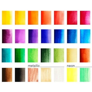 May include: A color palette of watercolor paints in a grid arrangement. The colors range from yellow, orange, red, and pink to blue, green, and purple. Metallic and neon colors are also included, with the word "metallic" and "neon" written below.