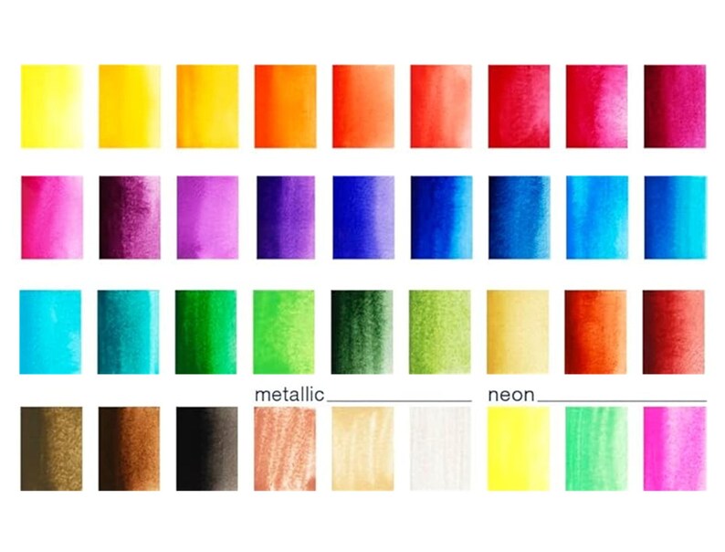 May include: A color palette of watercolor paints in a grid arrangement. The colors range from yellow, orange, red, and pink to blue, green, and purple. Metallic and neon colors are also included, with the word "metallic" and "neon" written below.