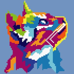 May include: A pixelated cat portrait in a vibrant pop art style. The artwork features a profile of a cat's head, rendered in a mosaic of bright colors including pink, orange, yellow, blue, and green against a light blue background.
